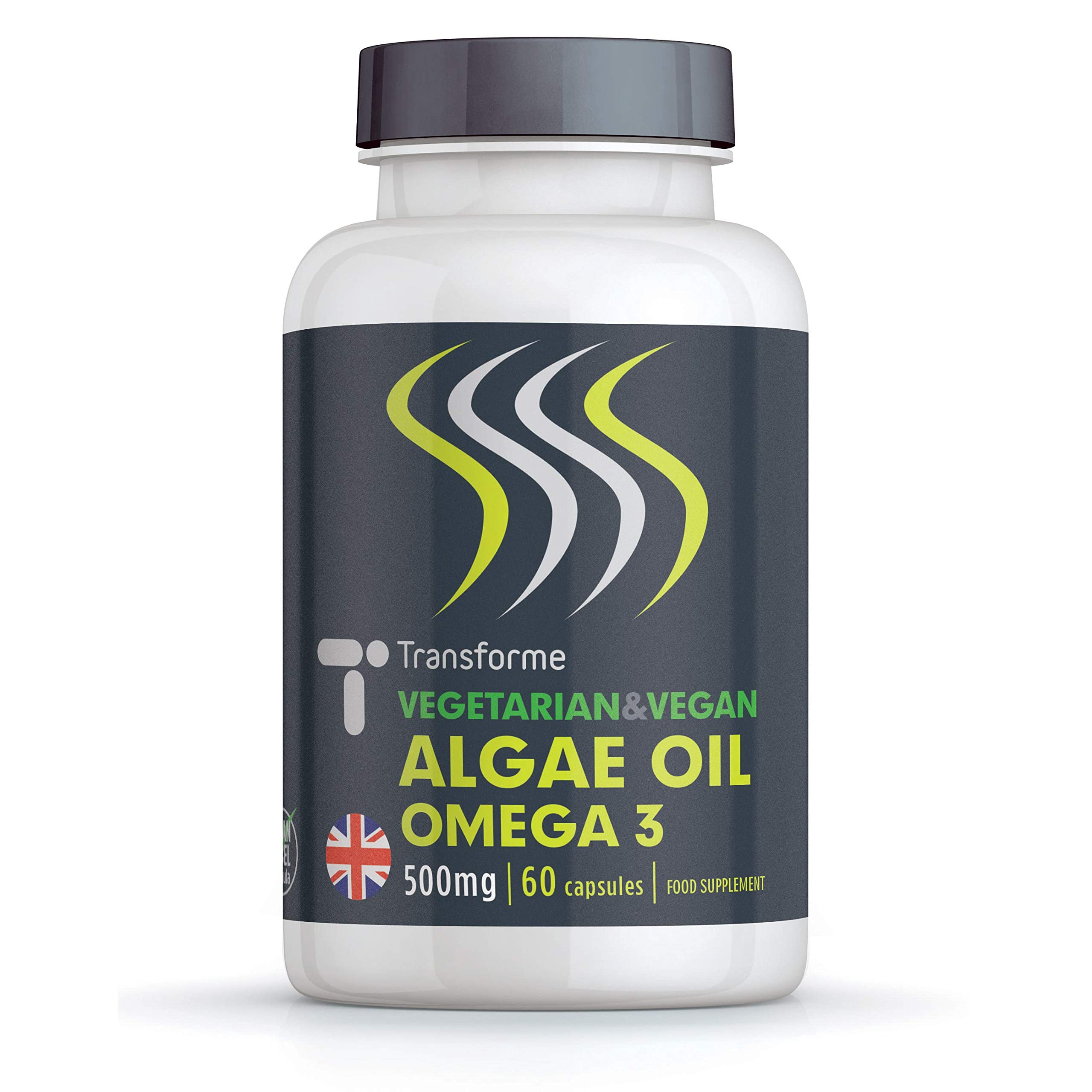Transforme Vegan Omega 3 Algae Oil with Vitamin E, 60 Rapid Absorption Capsules, Marine Algal Oil DHA, Easy to Swallow Softgels, Vegetarian Plant Source Essential Fatty Acids