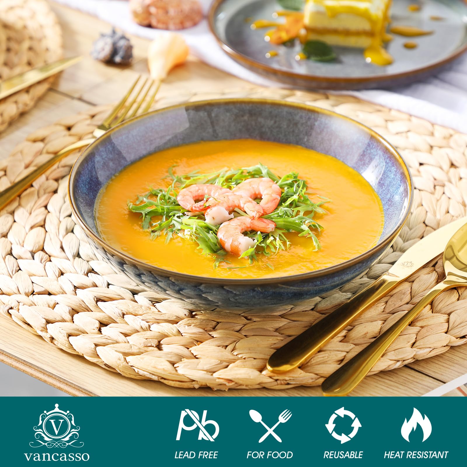 Geschirrset 6 Personen, vancasso PLAYA 24tlg Reaktive Glasur Steingut Tafelservice 6 Personen Modern, Beinhaltet Schüssel, Suppenteller, Dessertteller, Speiseteller, Spülmaschinenfest, Lavendelblau 3