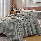 DOWN HOME King Quilt Bedding Set with Shams, Vintage Washed Soft Quilted Blanket Thin Comforter Lightweight Bedspread Coverlet Bed Cover, Brushed Microfiber Stripe Stitching, Ash Gray, 104"x90"