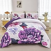 RYNGHIPY Queen Floral Comforter Set: Lightweight Soft Bedding Comforter Sets for All Season 3 Piece Farmhouse Flower Bedding Set (White Purple,Queen Size)