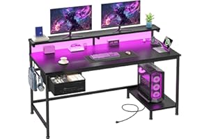 DurayLoly 39.3" Gaming Desk with Power Outlet and LED Lights,Computer Desk with Adjutable Monitor Stand and Drawer,Office Des