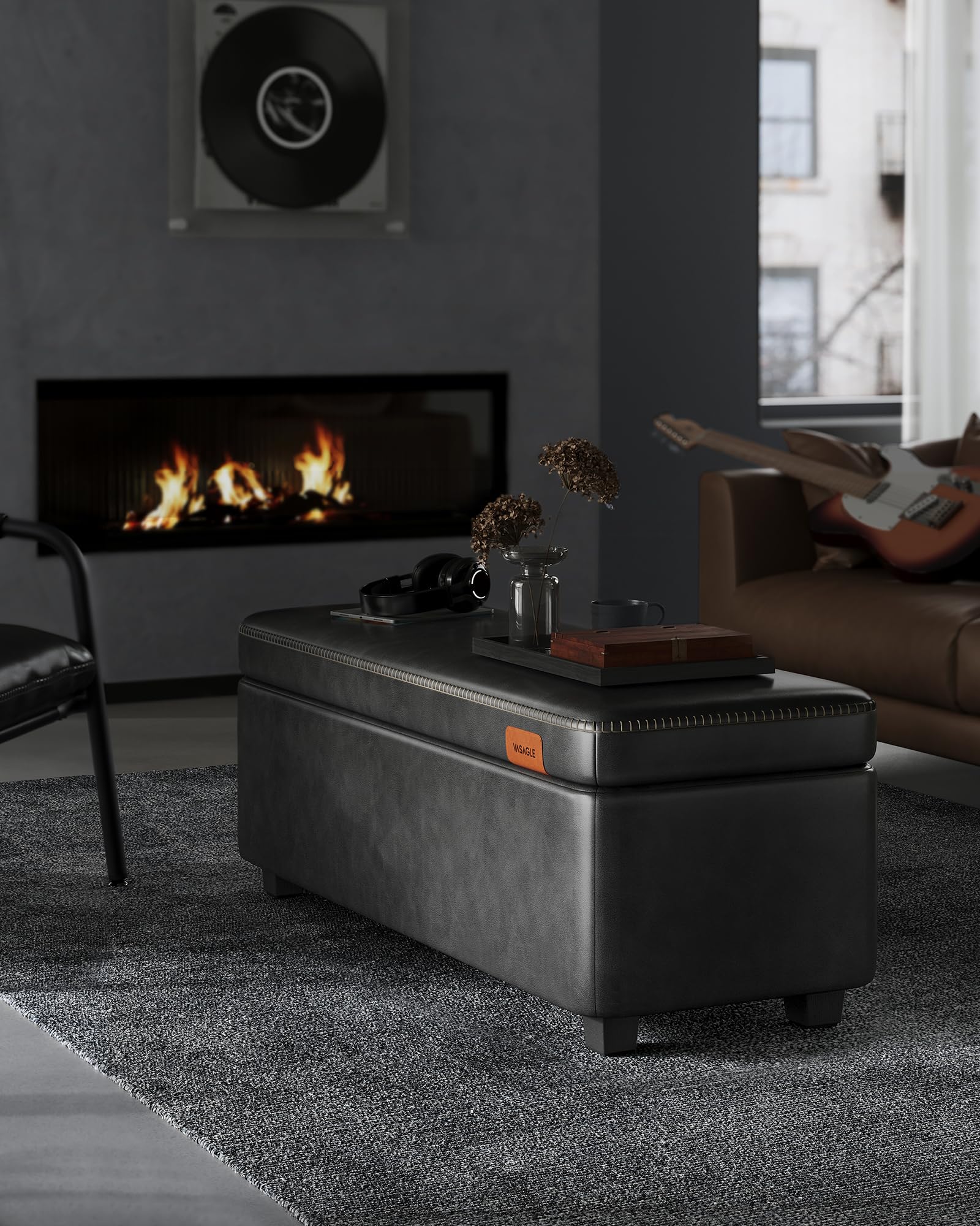 VASAGLE EKHO Collection - Storage Ottoman Bench, Entryway Bedroom Bench, 25 Gallons, Synthetic Leather with Stitching, Mid-Century Modern, Safety Hinges, Loads 660 lb, Ink Black ULOM075B01 - Image 8