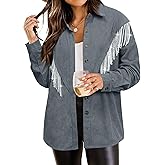Nlife Womens Corduroy Nashville Sparkly Rhinestone Fringe Shacket Concert Outfits Long Sleeves Spakle Tassel Shirt Jacket
