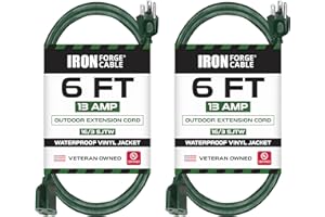 Iron Forge Cable 2 Pack Weatherproof 6 Ft Outdoor Extension Cord - 16/3 SJTW Heavy Duty Green Extension Cord 3 Prong - 13 Amp Exterior Power Cable