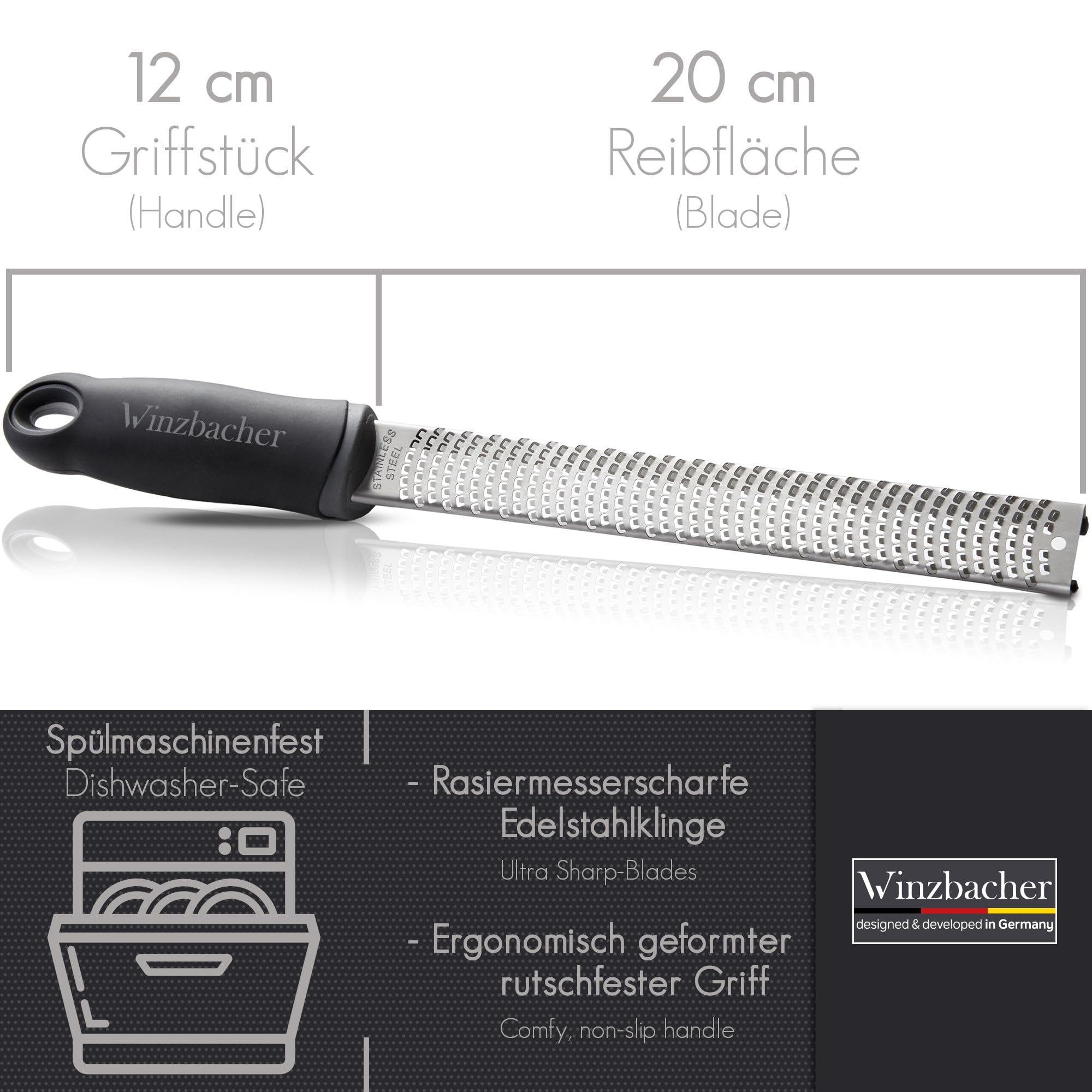 Winzbacher - Premium Zester Reibe I Parmesanreibe, Zitronenreibe, Muskatnuss Reibe, Ingwerreibe u.v.m. I rasiermesserscharfe Edelstahl Klinge I Spülmaschinenfest I inkl. Schụtz & Reinigungsbürste 3
