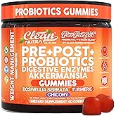 Clean Nutra Prebiotic Postbiotic Digestive Enzymes Gummies with Chicory Root, Boswellia Serrata, Turmeric, and Akkermansia | Pre+Post Probiotics Supplement | 60 Count Gummy | PooPerfect