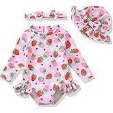 Baby Girl Swimsuit Long Sleeve One-Piece Swimwear with Hat Rash Guard Ruffle Floral Zipper Beach Infant Bathing Suit