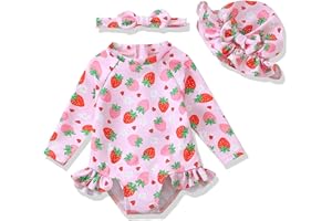 SODLON Baby Girl Swimsuit Long Sleeve One-Piece Swimwear with Hat Rash Guard Ruffle Floral Zipper Beach Infant Bathing Suit