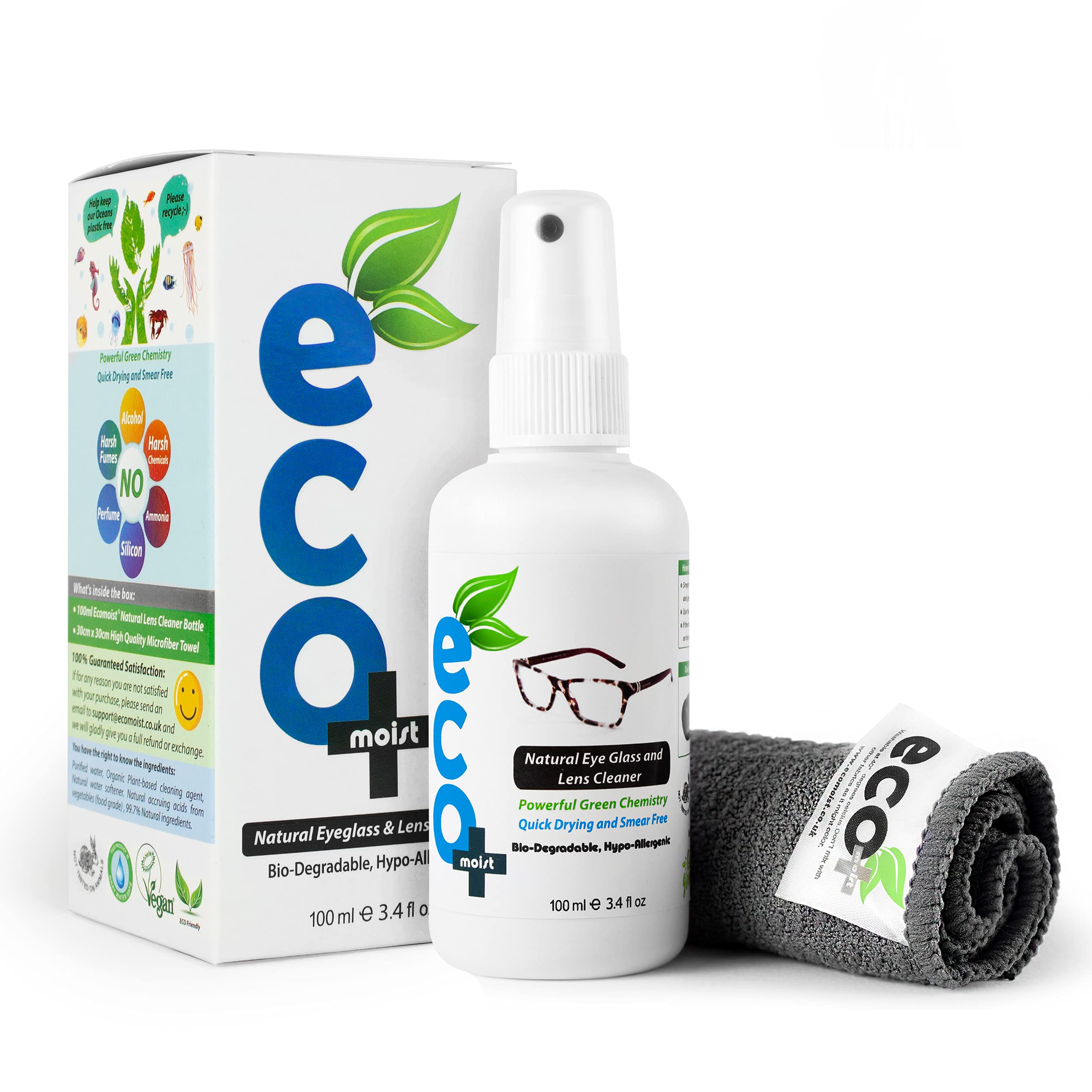 Ecomoist Natural Lens Cleaner 100ml – Alcohol-Free Spray with Microfibre Cloth – Streak-Free, Anti-Static Cleaning for Glasses, Camera Lenses, Binoculars, and Screens