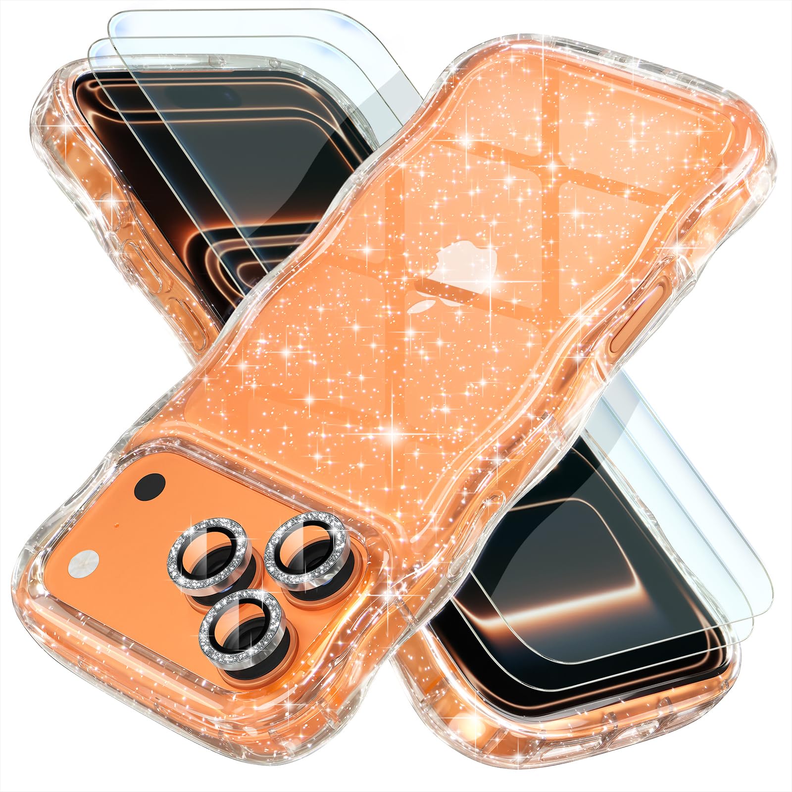 Choiche Compatible for iPhone 17 Pro Max Case, Women Cute Sparkly Phone Case, Curly Wavy Frame Cover [3 x Diamond Camera Lens Protectors] [2 x Tempered Glass Screen Protectors] 6.9" (Glitter Clear)