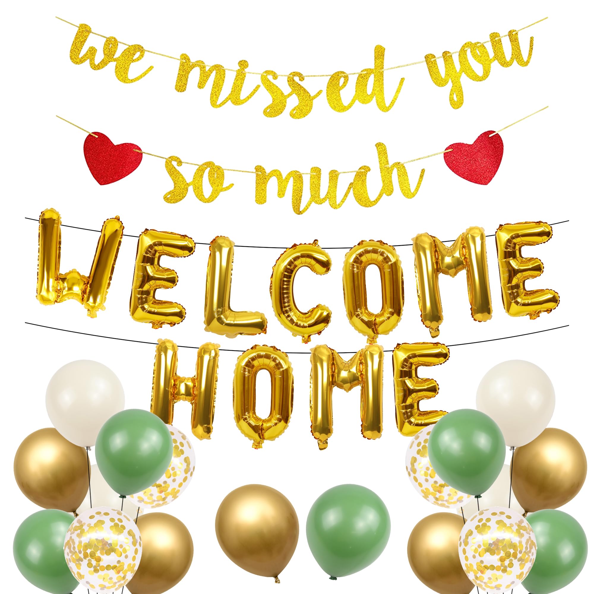 Welcome Home Decorations Balloons Banner - 28 Pcs Gold Banner Foil Balloons Welcome Home We Will Missed You for Homecoming Family Military Relatives Returning Party Decor Supplies