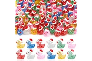 DTOFOOT 100 Pcs Christmas Mini Ducks, Luminous Glitter Ducks Mini Resin Duck Glow in Dark Christmas Hat Duck Ornament for Xmas DIY Craft Home Party Favors Decorations