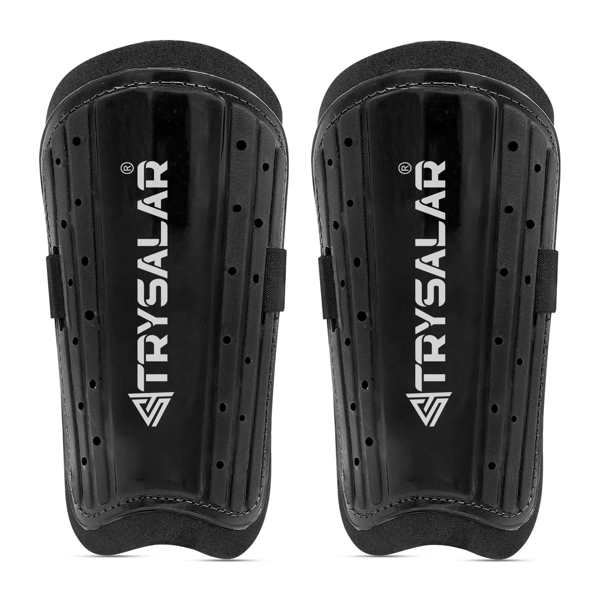 TrySalar Shin Guards Football, Soccer Shin Pads for Kids Junior Youth Boys Girls Mens Beginner Elite Athlete Perforated Breathable Hockey Games Leg Calf Protective Gear (Black)