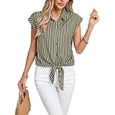 Poplab Womens Striped Button Down Shirts Casual Short Sleeve Collared Tops Tie Front Blouses, Stripe Army Green,L