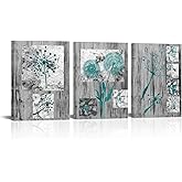 Visual Art Decor Teal Dandelion Flower Painting Rustic Farmhouse Decor Framed Canvas Wall Art Ready to Hang Teal Bathroom Decor 12inchx16inchx3 Pieces