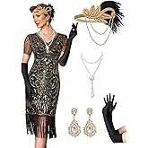 MTITE Women's Flapper Dresses 1920s for Women Great Gatsby Sequin Fringed Roaring 20s Cocktail Dress with Accessories Set