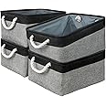 TcaFmac Storage Basket for Organizing - Large 4 Pack Canvas Decorative Storage Bins Baskets for Shelves with Ropes, Foldable Storage Cubes for Closet Cloth Toy Linen(Black & Grey 16x12x8 inch)