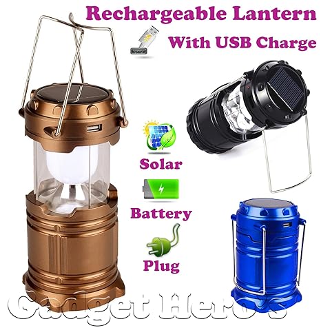 Gadget Heros 6W Solar Rechargeable LED Lantern with Battery and Plug Charging Options