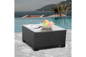 Rattaner Patio Furniture Wicker Coffee Table Outdoor Garden Square Side Table with Tempered Glass Top Black