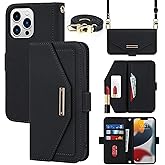 Jaorty Crossbody Wallet for iPhone 13 Pro Case with Adjustable Lanyard Strap Credit Card Holder 6.1",PU Leather Handbag Purse Kickstand Make Up Mirror Cover Case for Men Women Girl,Black