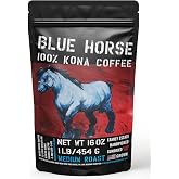 Blue Horse 100% Kona Coffee Whole Bean - 16 oz Medium Roast, Farm Fresh | Certified Organic, Arabica Whole Beans,, Grown In Hawaii USA, Shade Grown, Handpicked, Vacuum Sealed Bag, Caffeinated, Vegan