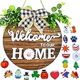 LITIALLY 19 Cute Icons Interchangeable Seasonal Welcome Sign Front Door Decoration, Rustic Round Wood Wall Hanging Outdoor, Farmhouse, Porch, for Spring Summer Fall Winter All Seasons Holidays