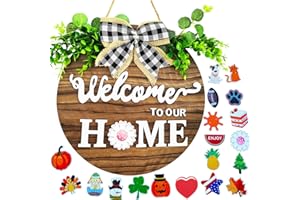 LITIALLY 19 Cute Icons Interchangeable Seasonal Welcome Sign Front Door Decoration, Rustic Round Wood Wall Hanging Outdoor, Farmhouse, Porch, for Spring Summer Fall Winter All Seasons Holidays