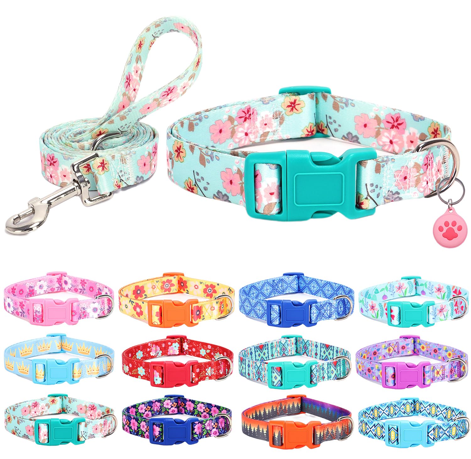 SLZZ Dog Collar with lead Airtag Holder Case Set - Dog Collars for Male Female Boy Girl Puppy X-small Small Medium Large Dogs Walking Running Training - Lily Flower/XS