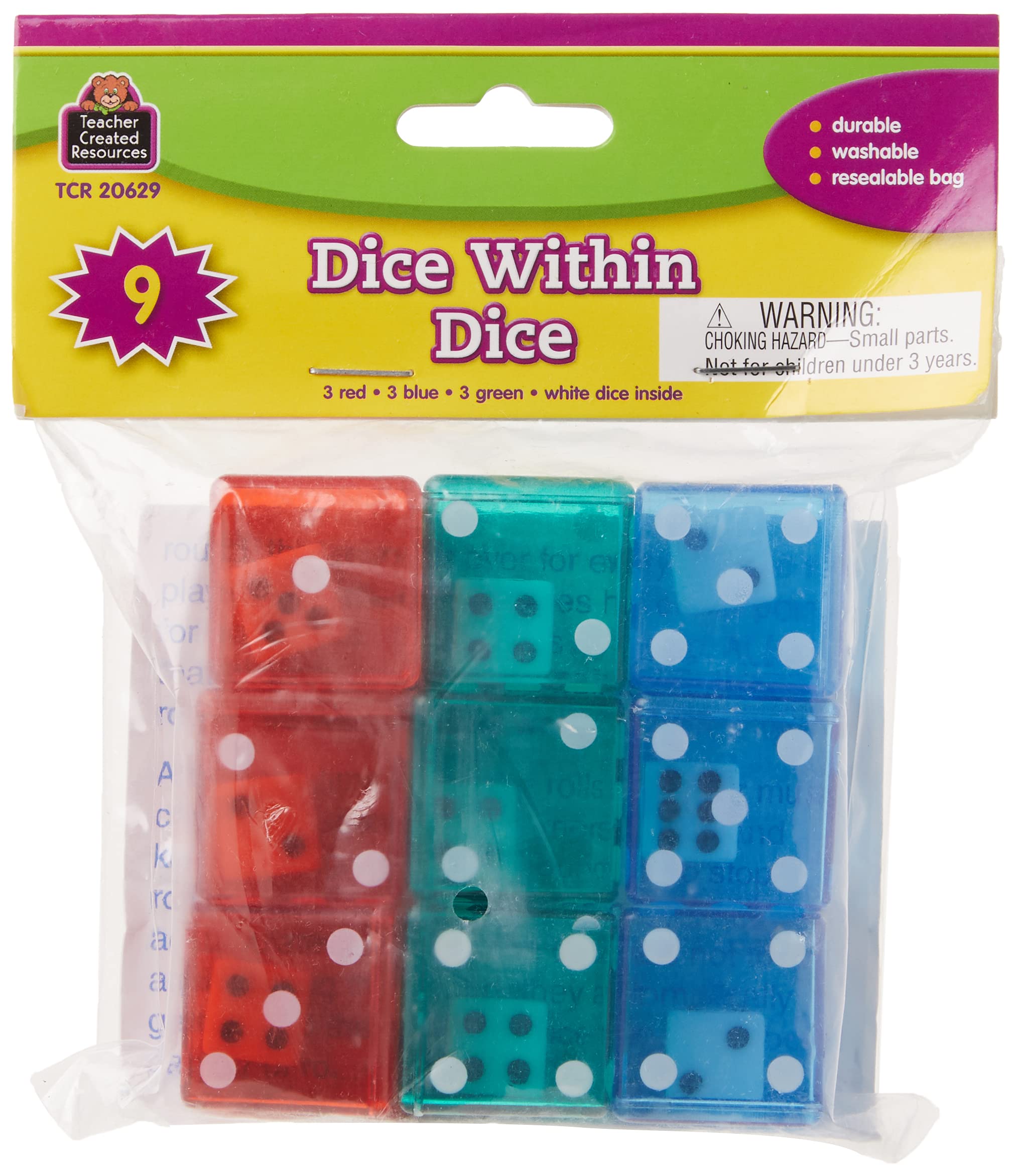 Teacher Created Resources® Dice Within Dice, Pack of 9,Red, Green, Blue, White, 1