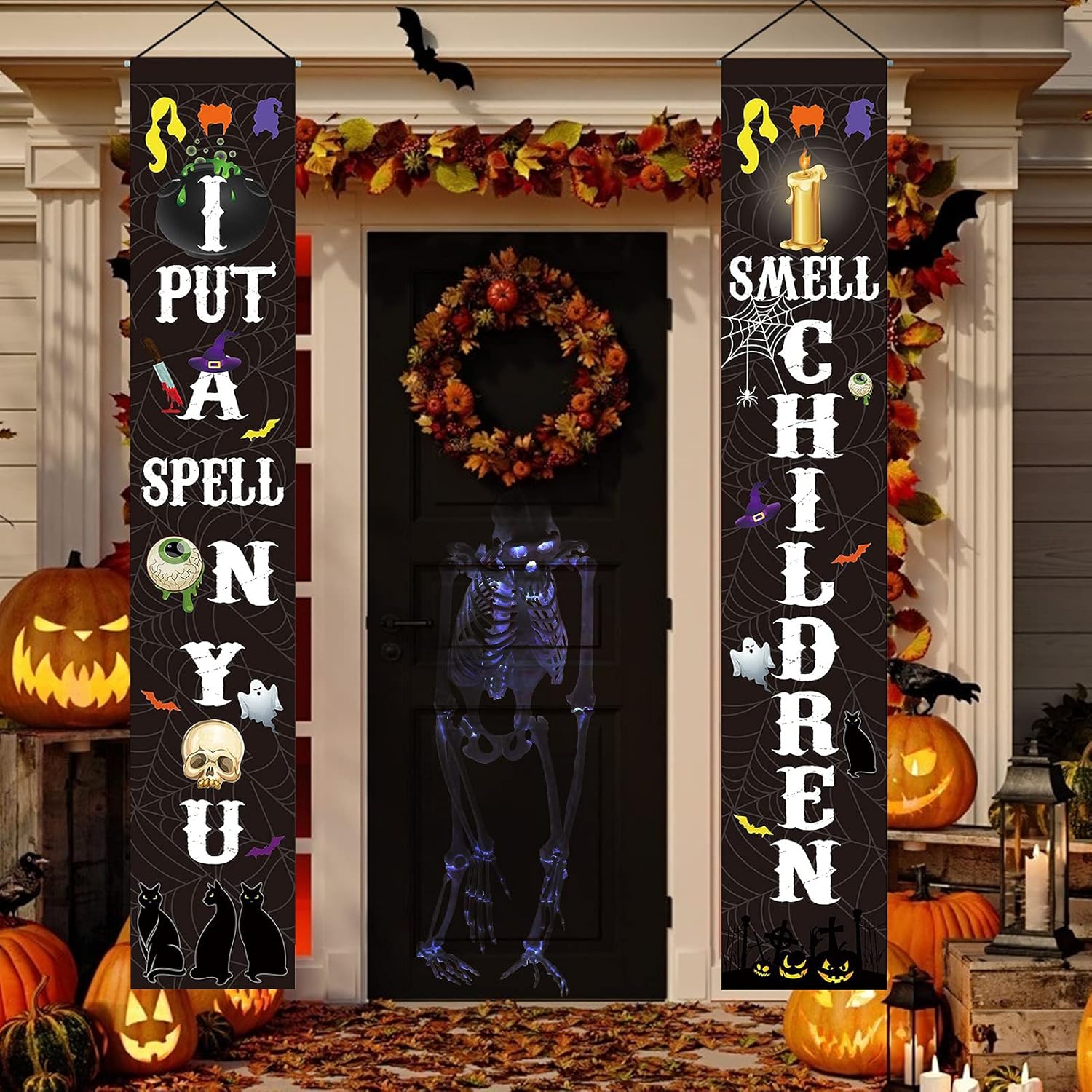 Yard Signs - Unves Halloween Decorations Outdoor Indoor, Halloween Porch Sign, I Smell Children & I Put A Spell ON You Halloween Decorations Hanging Signs for Front Door Home Halloween Banner Decor