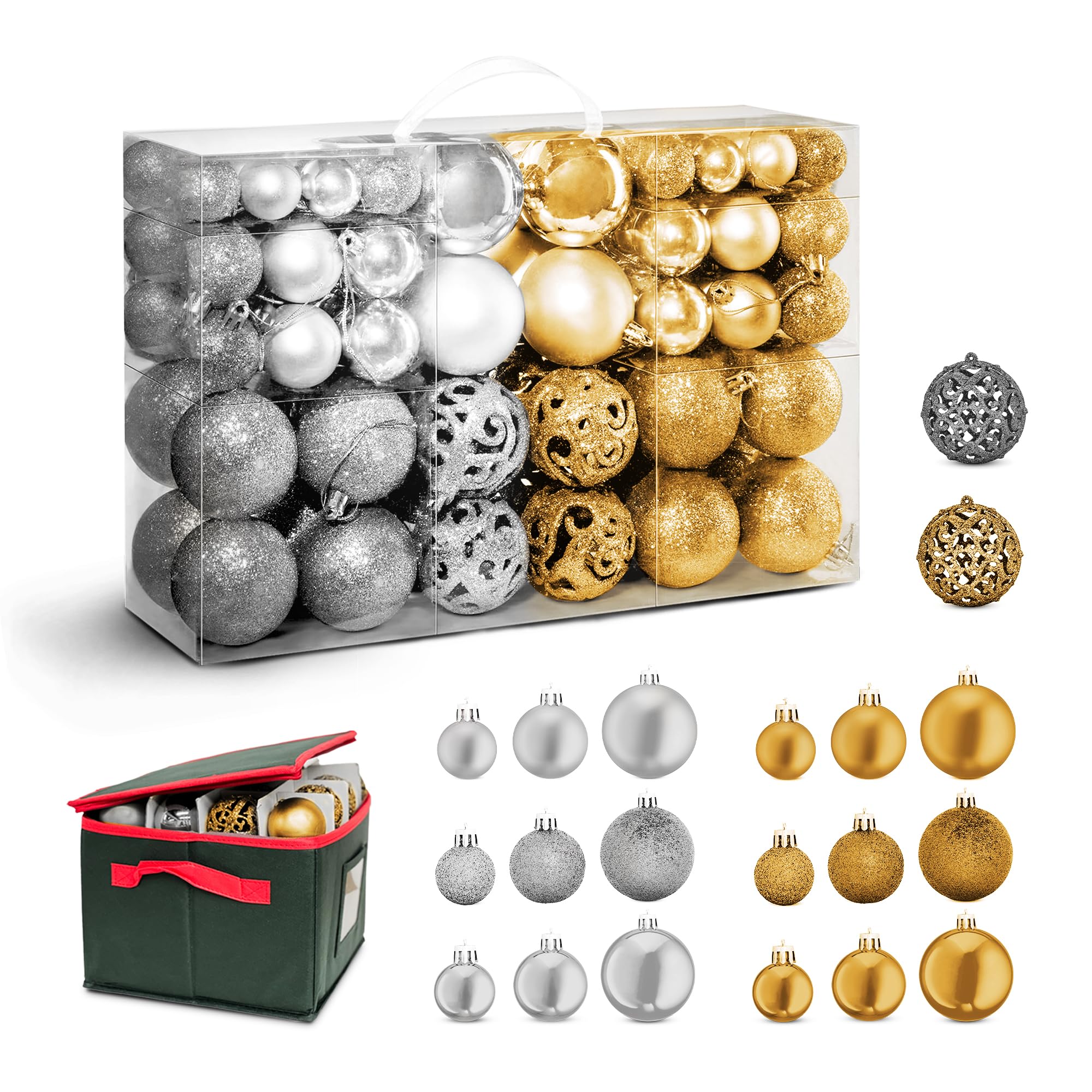 Kraft & Co 100pcs Christmas Baubles with Portable Carry Case, Silver & Gold Xmas Bauble Ornaments, Various Sizes and Styles Christmas Tree Decorations Set, Xmas Decorations with Storage Box
