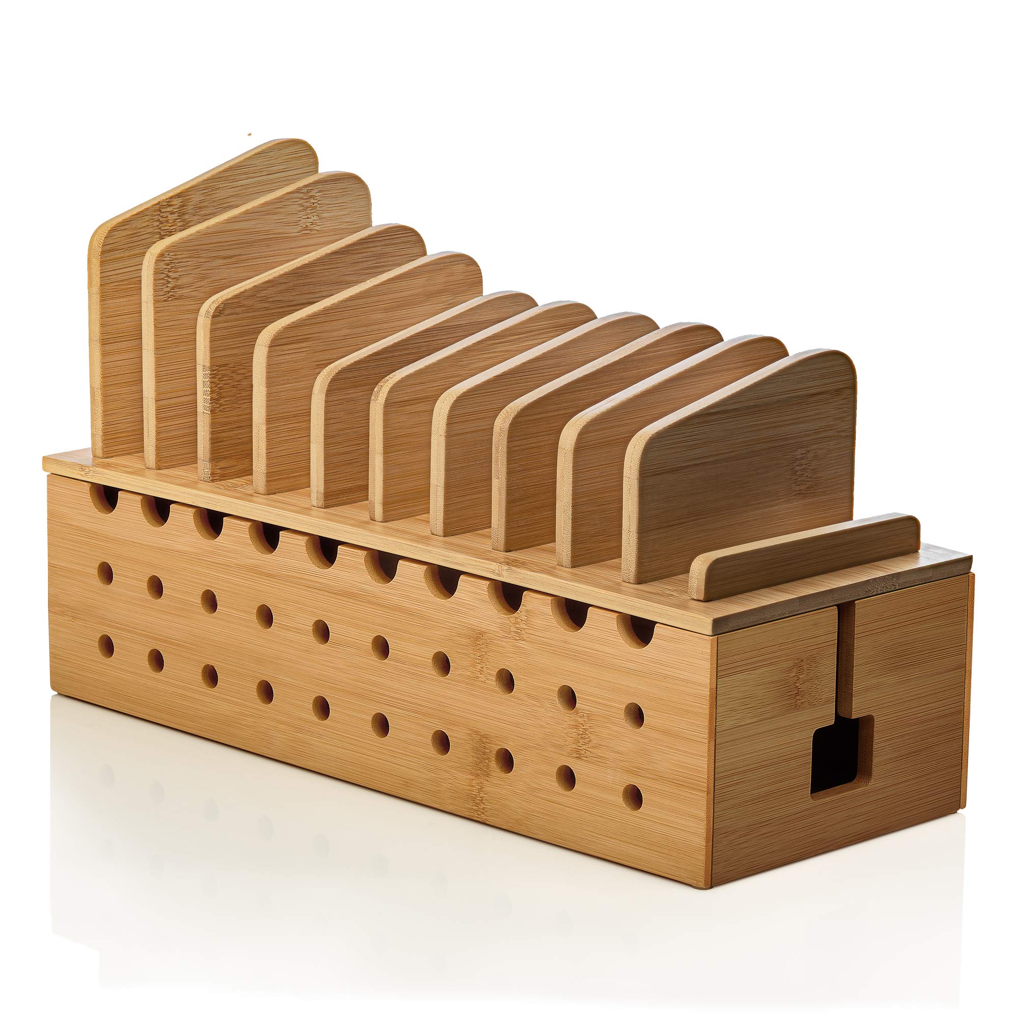 Photo 1 of Prosumer's Choice Multiple Charging Station Rack with Cable Box Organizer - Bamboo Desk Organizer for 10 Devices and Cord Management - Compatible with Smartphones and Tablets
