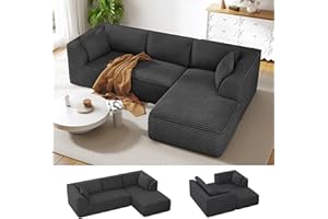 Vesgantti 106" Cloud Couch with Chaise, Deep Seat Fluffy Modular Sectional Sofa Corduroy Memory Foam Boneless Couches for Living Room Bedroom, No Assembly Required (Grey, Right-Facing Chaise)