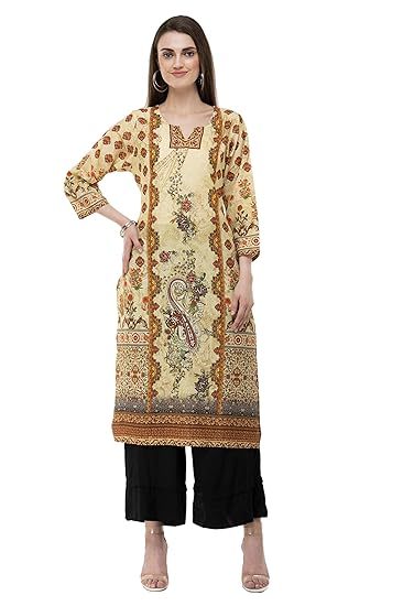 Women's Beige Floral Printed Cotton Kurti
