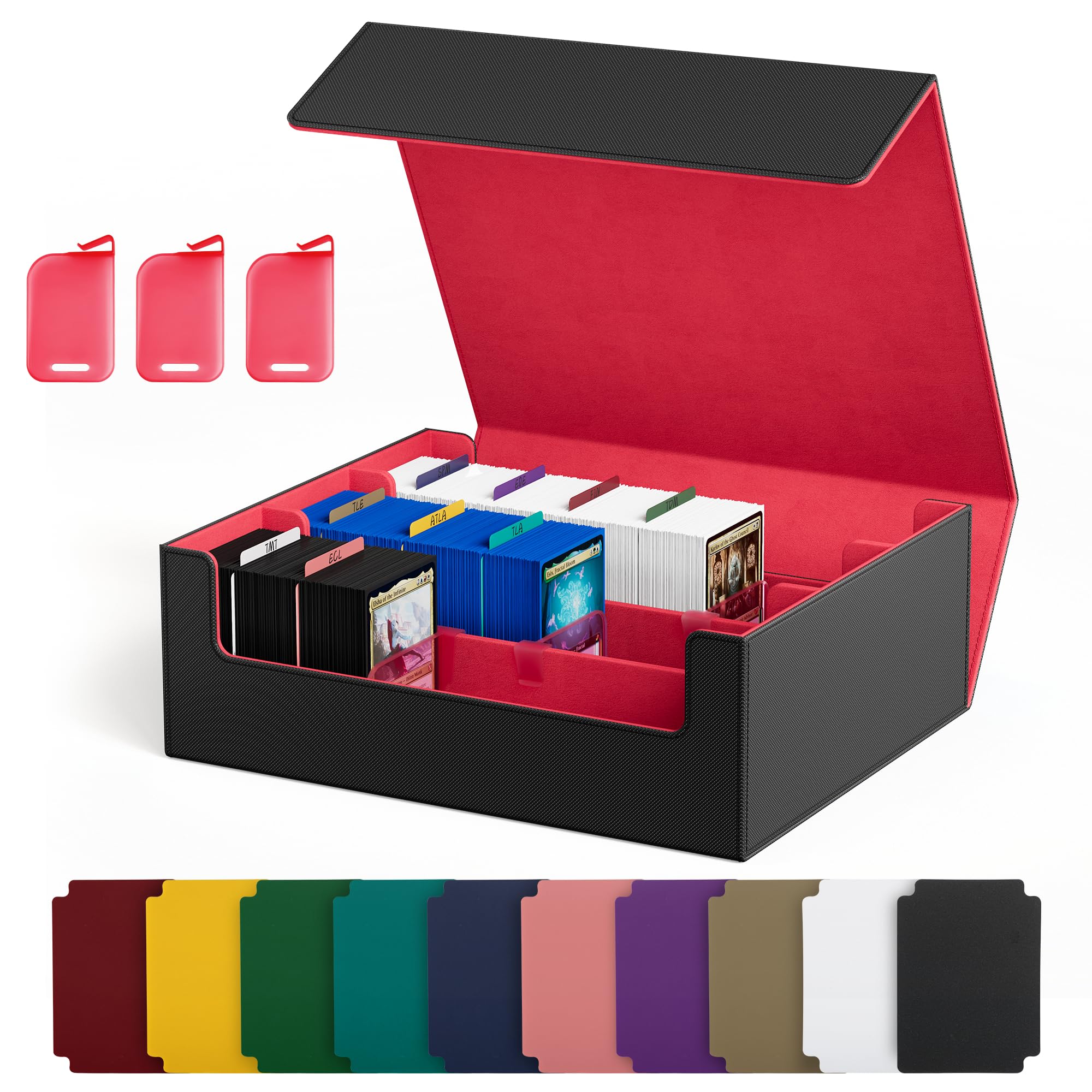 UAONO Card Storage Box - 1800+ PU Leather Commander Deck Case, Magnetic Closure Fits Magic Game Cards (Black & Red)