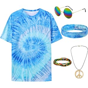 Gionforsy Hippie Costume Outfit for Men Women 60s 70s Costume Accessories | Tie Dye T-Shirt Peace Necklace Tie Dye Band Strin