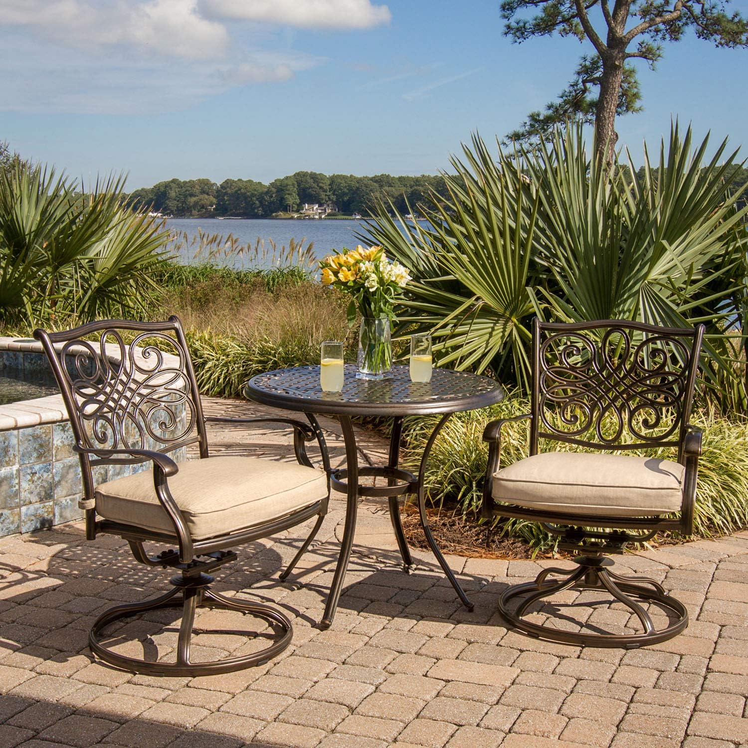 Amazon Com Hanover Traditions3pcsw Traditions 3 Piece Aluminum Rust Free Patio Bistro Set Outdoor Furniture Size 1 Tan Garden Outdoor