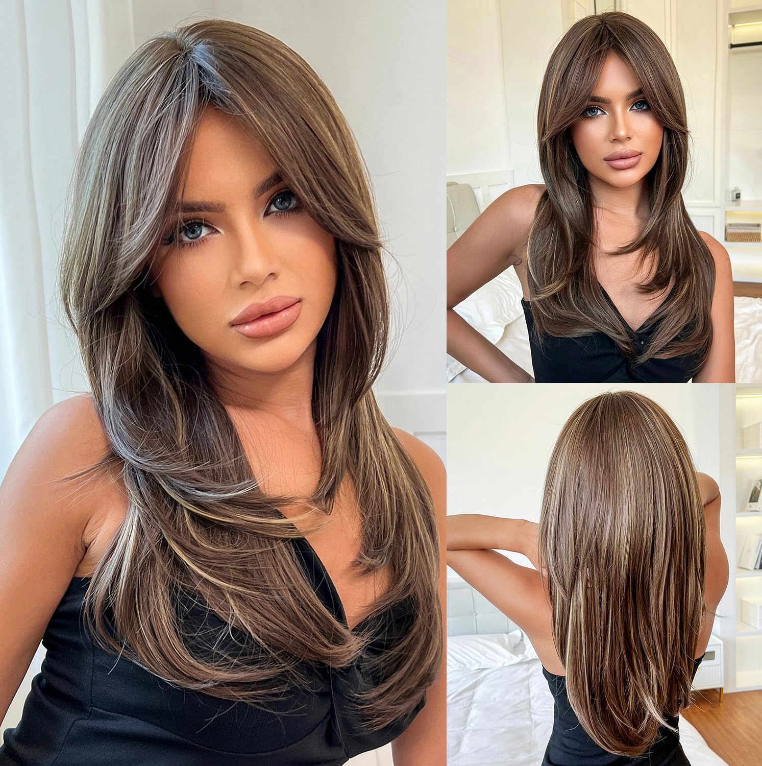 Esmee Long Straight Mixed Brown Wig with Curtain Bangs Layered Synthetic Hair Wigs for Women for Daily Party Use