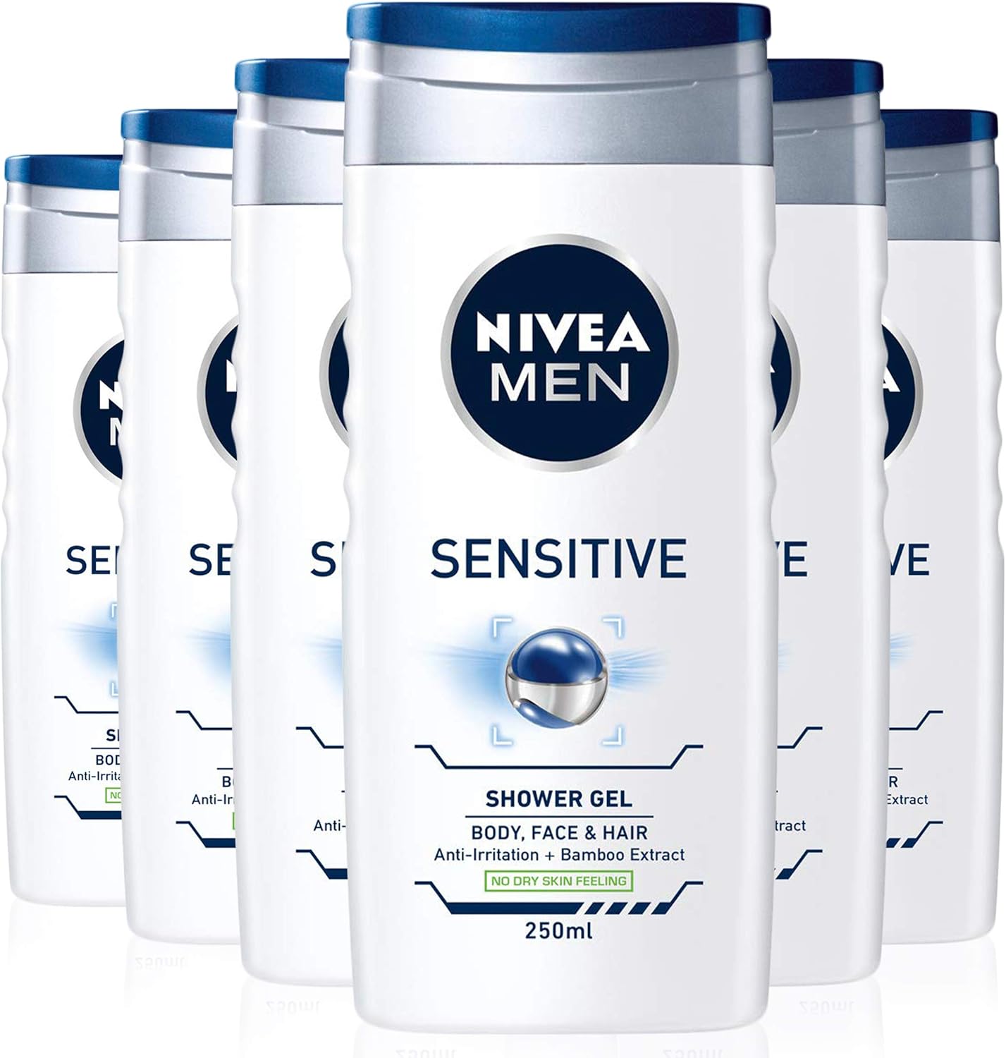 NIVEA MEN Sensitive Shower Gel Pack of 6 (6 x 250ml), AlcoholFree