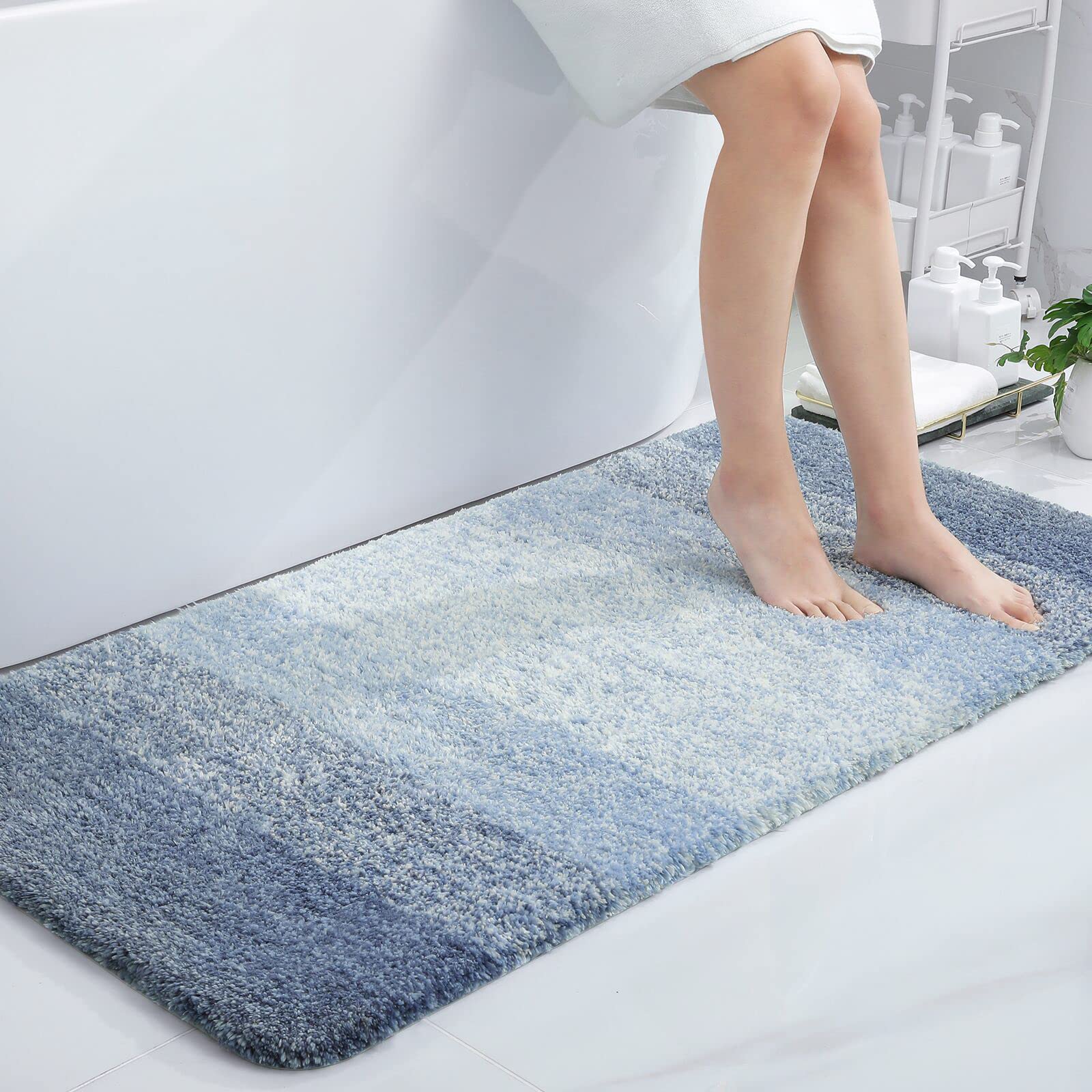 smiry Microfiber Bath Mat, 60 x 120 cm, Non-Slip Super Absorbent Bathroom Mat, Extra Soft Thick Floor Foot Mat, Fluffy Shaggy Bath Mats Rugs for Bathroom, Blue