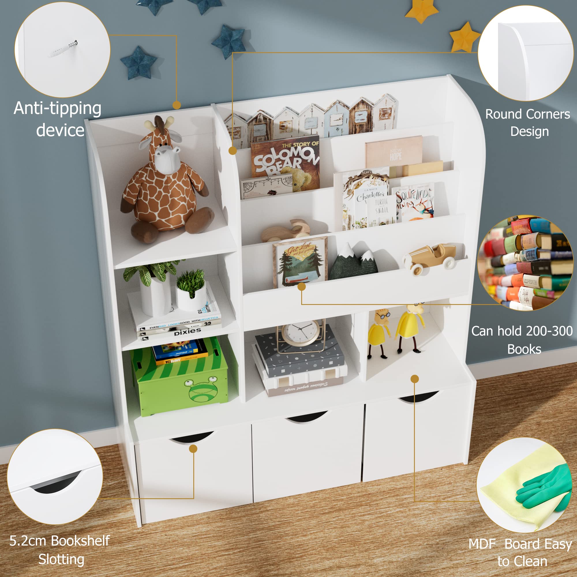 FOTOSOK 47'' Kids Bookcase and Bookshelf, Multifunctional Bookcase with 5 Storage Cubbies and 3 Movable Drawers, Toy Storager Display Stand, Toy Storage Organizer for Bedroom, Playroom, Hallway, White