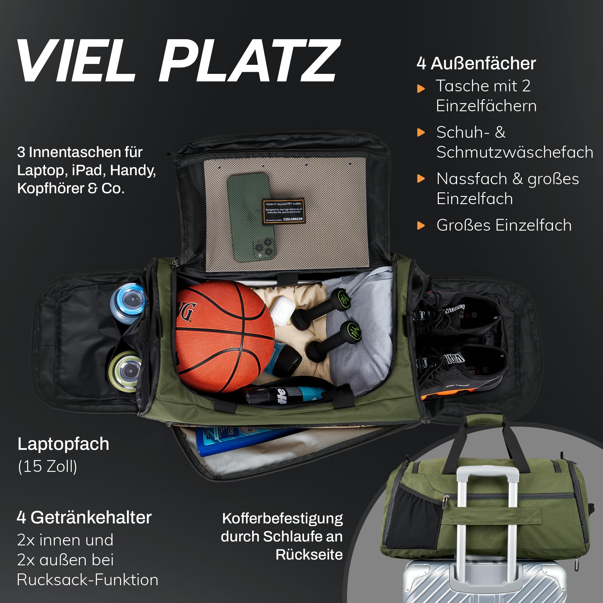 RECARRIER Sporttasche [RECYCELTES PET] 50L – Gym Bag und Rucksack in Einem –wasserdichte Trainingstasche Herren Damen–Sportrucksack wasserdicht mit Schuhfach Fitness, Reisetasche groß (Pinewoodgreen) 5