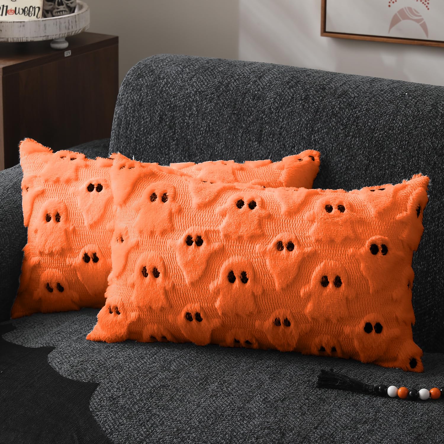 Photo 1 of ***ONLY ONE****DFXSZ Halloween Pillow Covers 12x20 inch Set of 2 Orange Ghost Throw Pillow Cases Soft Plush Faux Fur Wool Couch Cushion Case for Chair Sofa Bedroom Living Room Home Decor PTK03C12