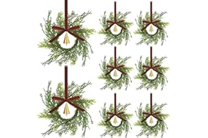 Knitgrip 12 Sets Mini Christmas Wreath for Cabinets 7.87 Inch Artificial Cypress Cedar Wreath with Vintage Cow Bells Ribbon for Xmas DIY Craft Kitchen Chair Window Fireplace Wall Decor(Brown)