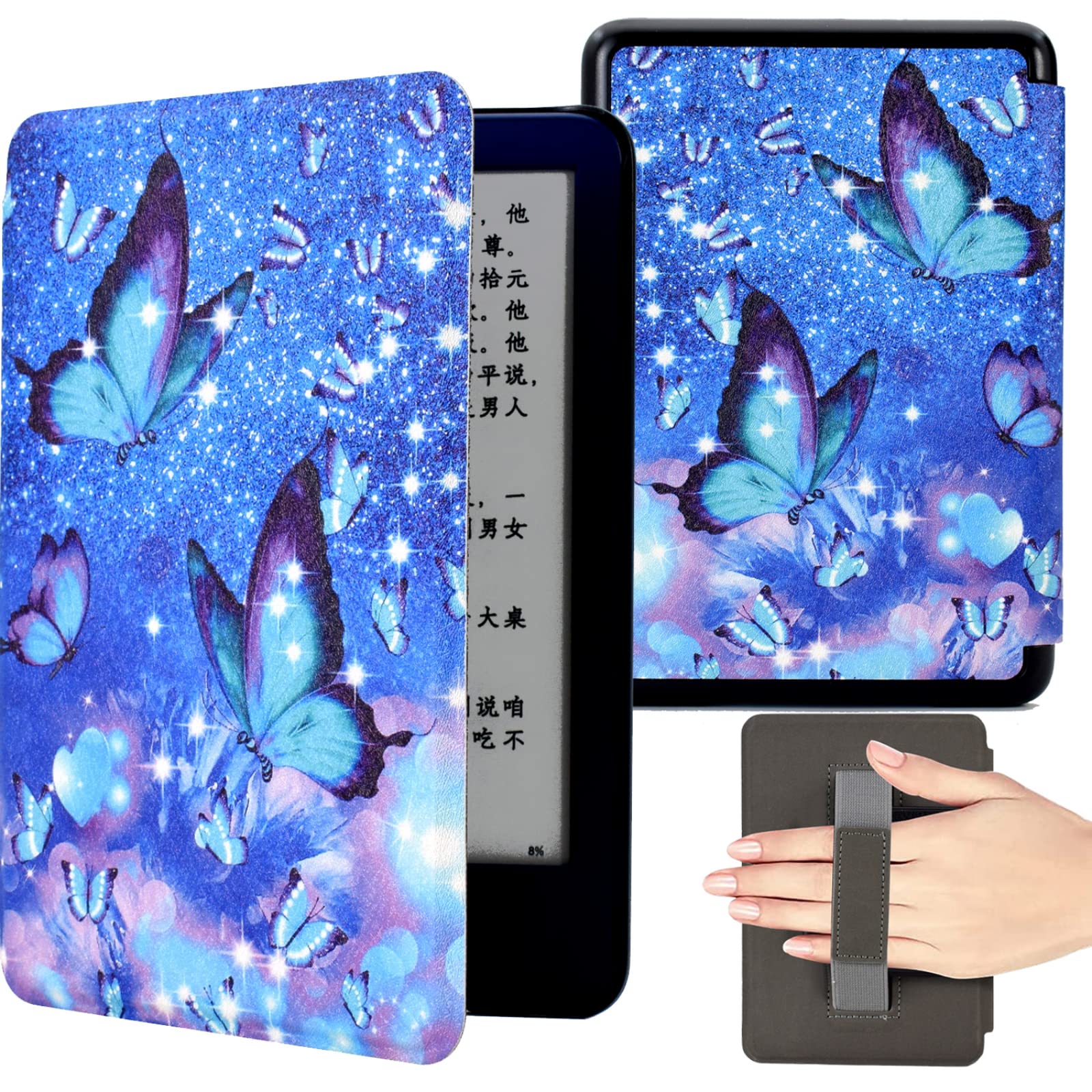 BYCeKe Case for 6" Kindle 11th Generation 2022 2024 (Model: C2V2L3, RS23CV) Slim PU Leather Light Shell Smart Folio Cover for for 6 inch Kindle 2024 Case with Hand Strap Auto Sleep/Wake, Butterfly