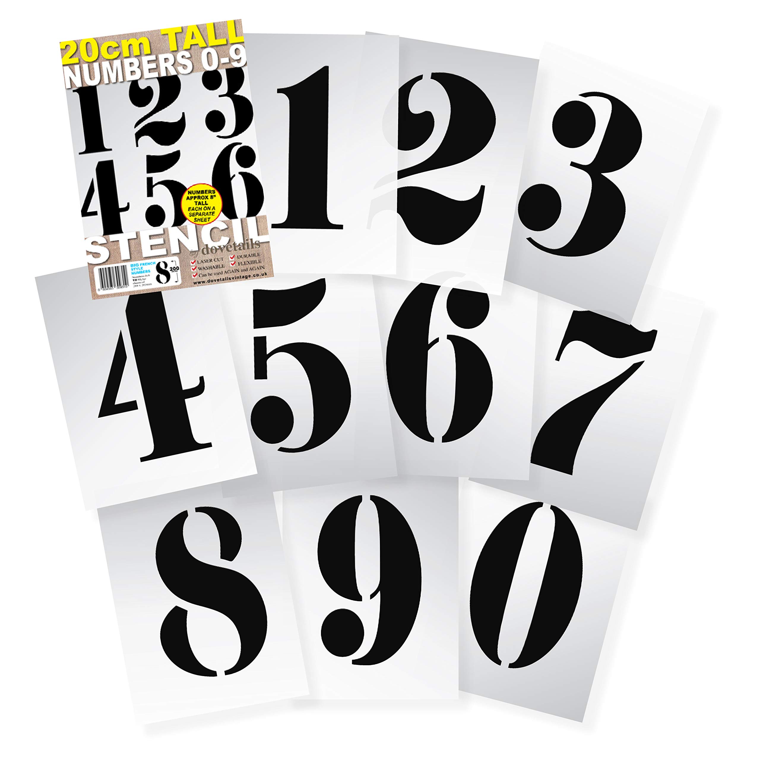 Dovetails Vintage Large Number Stencils 20 cm Tall French Style Reusable Numbers 0,1,2,3,4,5,6,7,8,9 on 10 Separate Sheets of 290 x 200 mm