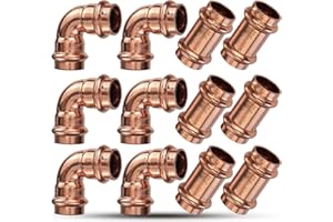 JIANBENKJ Copper Press Fittings 3/4inch Copper Coupling with Stop&Copper 90 degree Elbow with 3/4 Inch PxP, 3/4" 6PKPress Fittings Coupling with Stop+6PK 90 Degree Elbow,OD 7/8",Use with Hydraulic Press Fitting