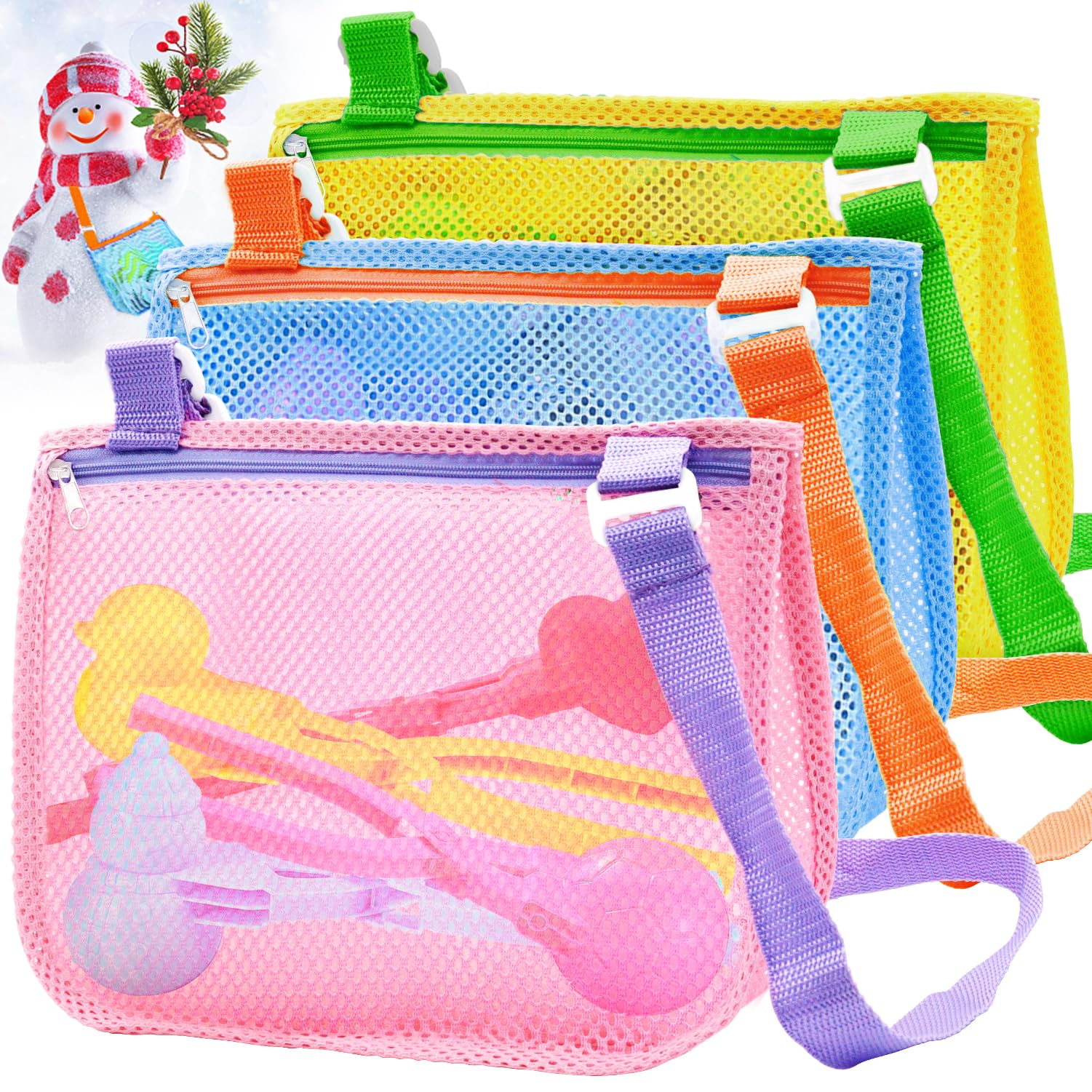 UMUACCAN Beach Toy Mesh Beach Bag, 3Pcs Seashell Collecting Bags with Adjustable Shoulder Straps, Sand Snow Toys for Kids Shell Bags for Picking Up Shells