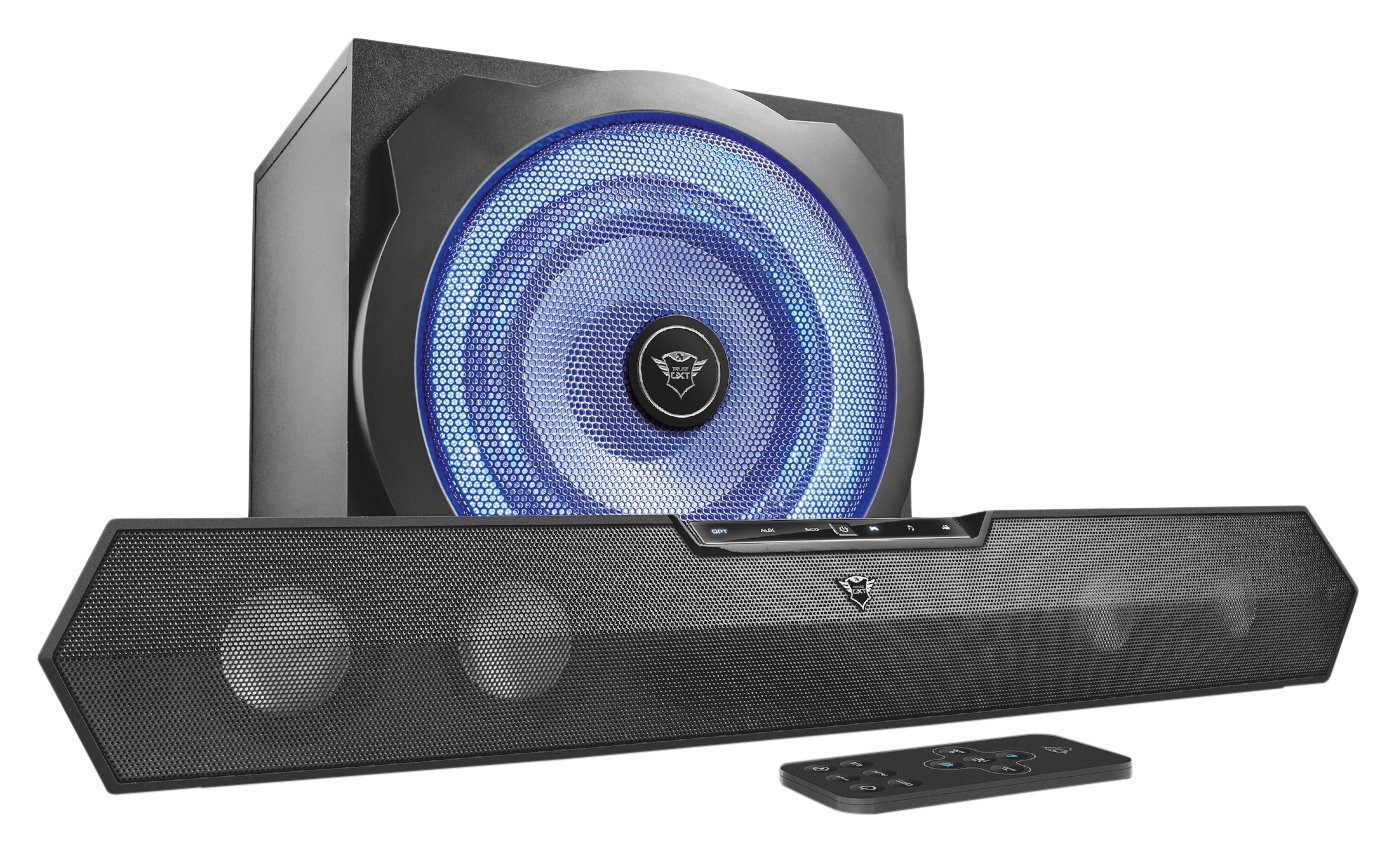 Trust Gaming GXT 668 Tytan 2.1 Soundbar Speaker System with Subwoofer for PC, PS4 and Xbox One, LED Illuminated, 120 W, UK Plug - Black/Blue