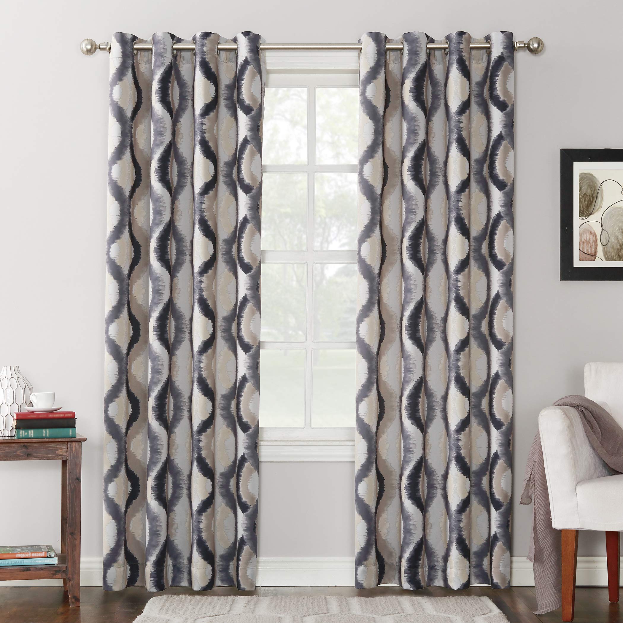Sun Zero Burbank Geometric Ogee Watercolor Print Energy Efficient Grommet Curtain Panel, 54" x 84", Gray